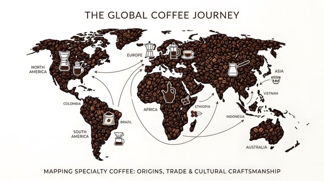 The global coffee journey map with coffee beans and brewing methods isolated on white background