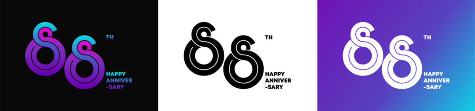 88th Happy Anniversary Typography Logo Collection on Black, White and Purple Gradient Backgrounds. Editable color and file.