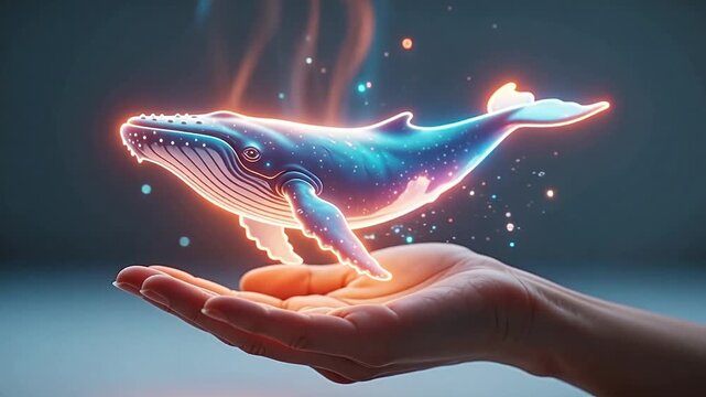 Hand holding a glowing blue whale with cosmic patterns, showcasing the magical connection between nature and imagination in a serene, illuminated environment