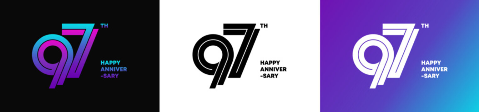 97th Happy Anniversary Typography Logo Collection on Black, White and Purple Gradient Backgrounds. Editable color and file.