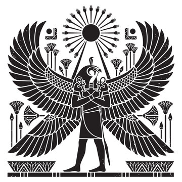 Ancient Egyptian Winged God Horus with Aten Sun Disk and Papyrus Symbols, Black and White Hieroglyphic Symbolic Art