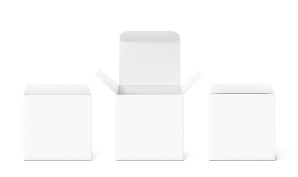 Realistic closed and open paperboard box mockup for design, branding of pharmacy, health care, cosmetic products. 3D hight realistic vector illustration isolated on white background. EPS10.