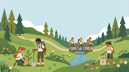 Fototapeta premium Boy and girl scouts planting trees and picking up trash in forest nature vector illustration