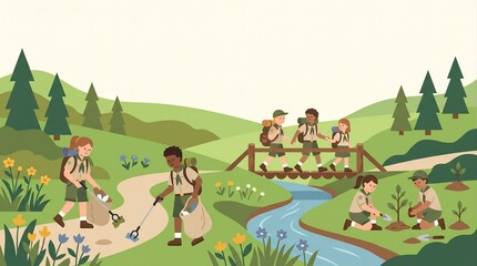 Naklejka premium Group of young scouts cleaning up trash and planting trees in nature vector illustration