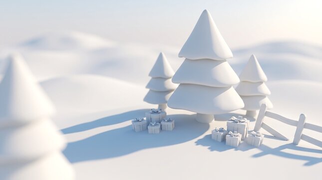 Minimalist white christmas landscape featuring stylized pine trees and gift boxes in snowy terrain with fence
