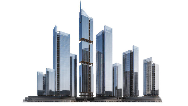 Modern glass skyscrapers with geometric designs, isolated on transparent background