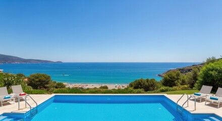 Fototapeta premium luxury villa pool overlooking serene beach and turquoise sea