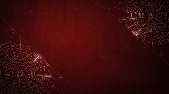 Spooky spider web background with glowing threads on a dark red textured surface, perfect for halloween themes and festive designs