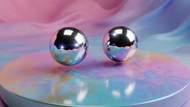 Two reflective chrome spheres floating over a circular iridescent podium against a fluid wavy pastel pink and blue silk background in a clean minimalist 3D rendering.