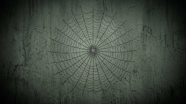 A detailed spider web with dew drops on a textured dark grey wall background