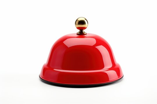 Retro red service bell with gold button, hotel reception call bell, customer assistance desk bell for hospitality isolated on White Background