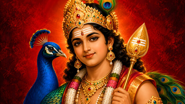 Lord Murugan seated with his peacock and Vel, representing wisdom, valor, and devotion in Hindu belief
