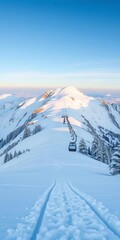 Obraz premium Snowy mountainside with ski lift tracks leading to summit, ||mountain, side