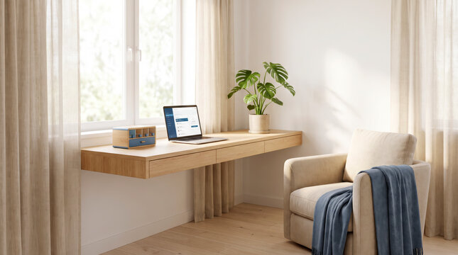 Home telehealth nook with laptop pharmacy app wooden pill organizer and calm reading armchair