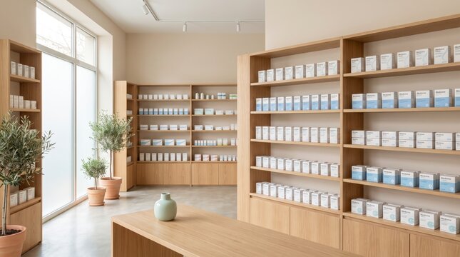 Sunlit minimalist pharmacy interior with oak shelving of medicine boxes and potted olive trees