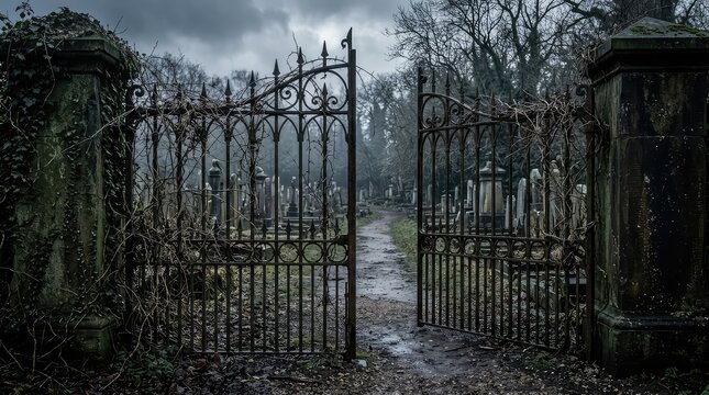 Old iron gates at a cemetery entrance. Spooky graveyard path on a dark autumn day.