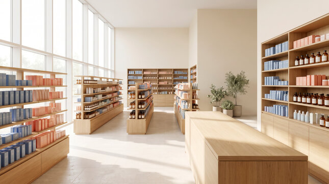 Bright modern apothecary store interior with oak shelves of skincare products and amber bottles