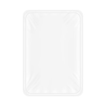 Clear plastic tray container mockup for design, branding, presentation packaging of food, meat products, vegetables, fruits. 3D hight realistic vector illustration isolated on white background. EPS10.