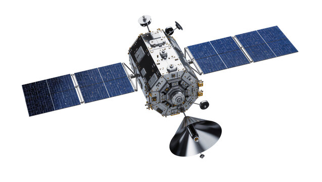 Advanced space satellite with solar panels and parabolic antenna, isolated on transparent background