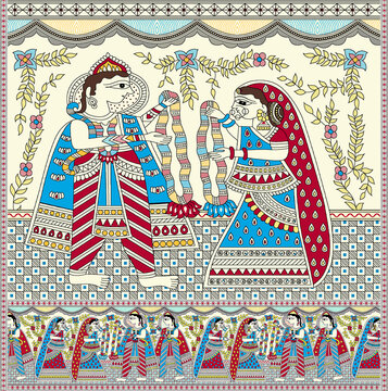 Traditional Madhubani Folk Art Illustration of Indian Bride and Groom Exchanging Varmala Garlands with Floral Decorative Border