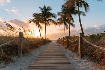 Obraz premium The Boardwalk to Sunset Beach Palm Trees Along the Dusk Coast