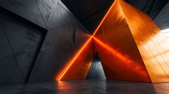 Abstract architectural interior featuring a striking, sharp-edged copper-toned metallic prism glowing against dark, textured concrete geometric walls with dramatic lighting.