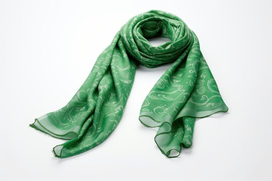 Vintage green paisley scarf, lightweight sheer fabric wrap. Fashion accessory styling for spring and summer outfits isolated on White Background