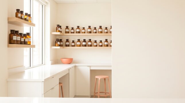 Calm apothecary preparation counter with labeled amber jars pink bowl and wooden stool by window