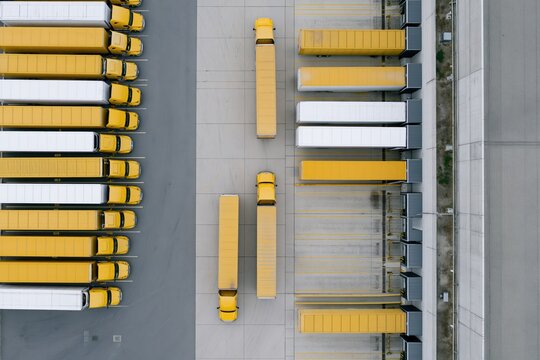 The Truck Trailer Yard Aerial View From Above at a Busy Logistics Hub