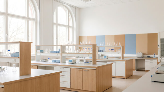 Bright modern chemistry laboratory interior with glass flasks workbenches and tall arched Windows