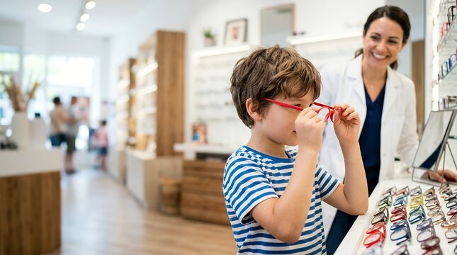 Boy trying on red eyeglasses at an optical store. Child choosing new frames with optometrist.