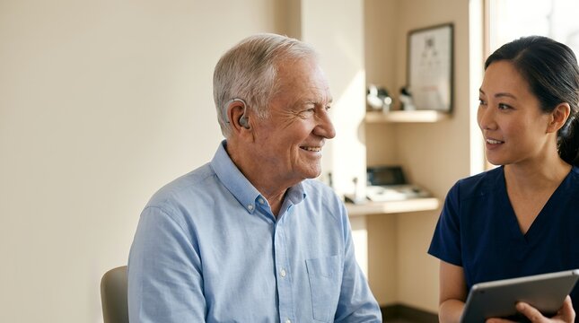 Senior man smiling at audiology clinic. Elderly patient consulting with professional doctor.