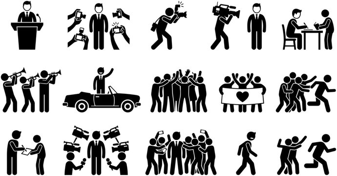 Set of stick figure icons depicting a famous politician or celebrity in various public scenarios.
