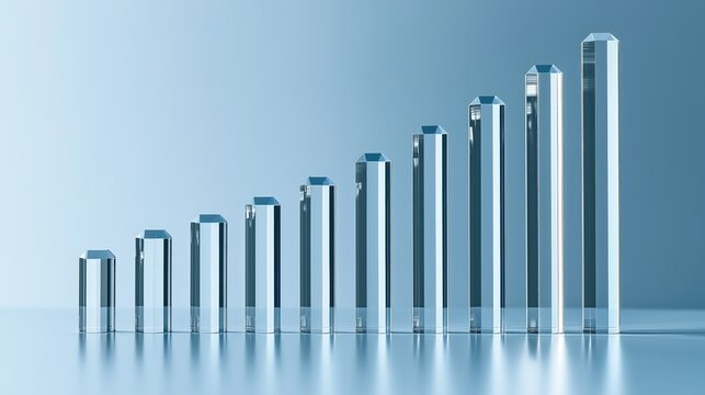 Glass bar graph with increasing columns on a light blue background