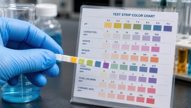 Water quality test strip analysis with chemical color chart for laboratory testing and monitoring