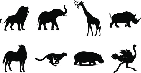 Collection of African safari wild animal black silhouettes vector illustration on white background © Mst