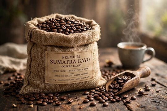 Premium Sumatra Gayo Coffee Beans in Burlap Sack on Rustic Wooden Table