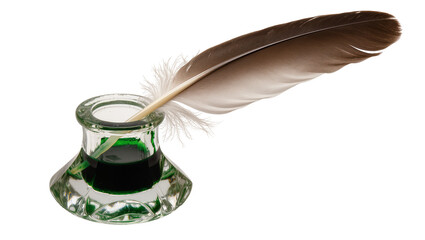 Brown feather quill resting in a faceted glass inkwell filled with dark green ink, isolated on transparent background © Luca