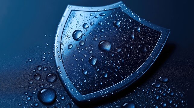 Glossy metallic blue shield shape covered in water droplets