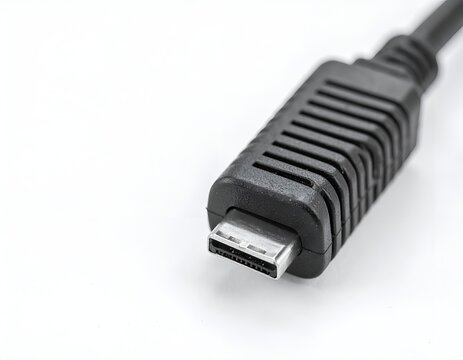 Close-up of a black micro USB data cable connector isolated on a white background