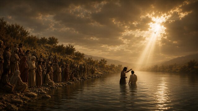 Baptism of Jesus in Jordan river by John the Baptist. Religious biblical scene with crowd of people watching. Epiphany feast holiday concept. Divine light and dove in sky above.