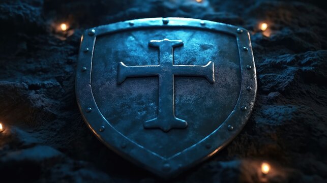 Medieval heater shield with embossed cross on dark uneven stone surface