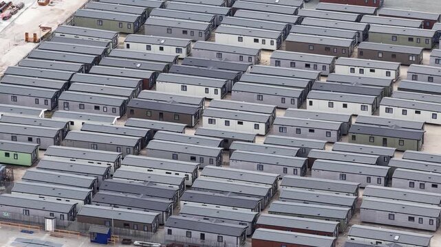 Aerial view of prefabricated modular buildings in rows