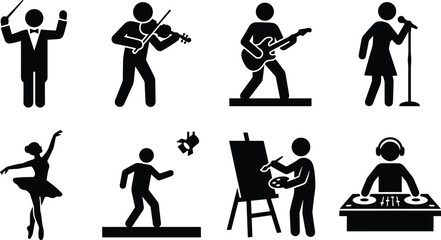 Obraz premium Music Art and Performing Arts Vector Icons Set of Musicians Dancers Painter and Conductor