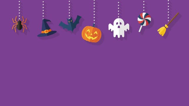 Halloween Hanging Icons Animation on Purple Background, Spooky Holiday Decoration Motion Graphic