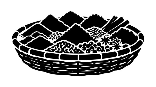 Wicker Basket with Various Spices and Herbs Vector Silhouette Illustration