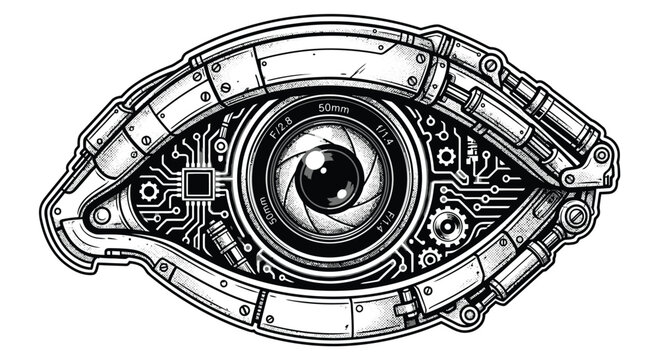Black and white tattoo style illustration of a futuristic cyborg eye featuring a camera lens iris, intricate circuit board patterns, and mechanical eyelids on a white background.
