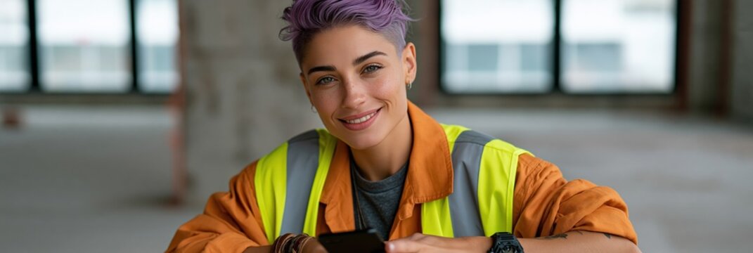 Young construction worker smiling in empty building interior