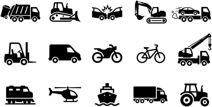 Collection of various transportation and heavy machinery black silhouette icons.