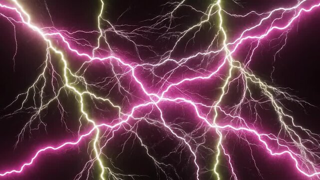 High Energy Electrical Storm Bolts Slashing Across Dark Background in Hot Magenta and Lime